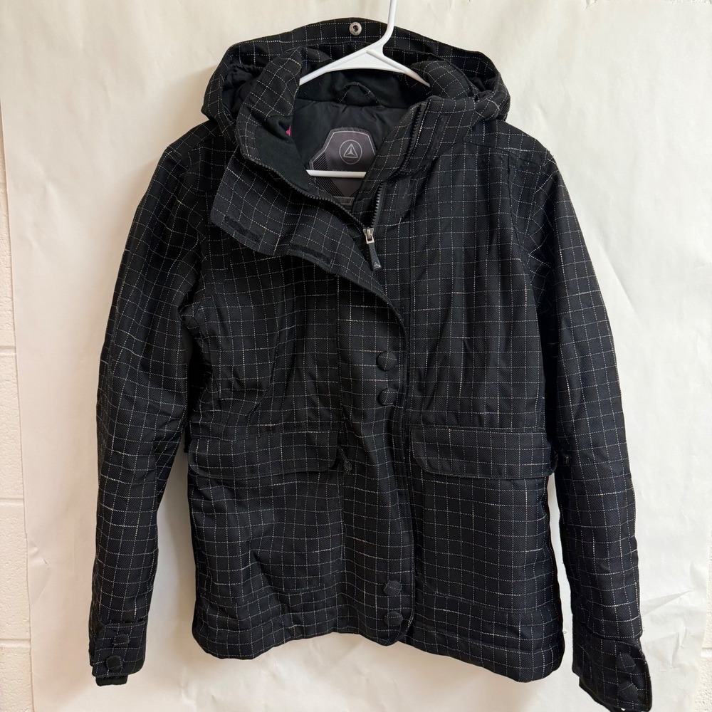 Microlite Powder Room 10000 mm Women Hooded Black Grid Ski Snowboard Jacket Coat